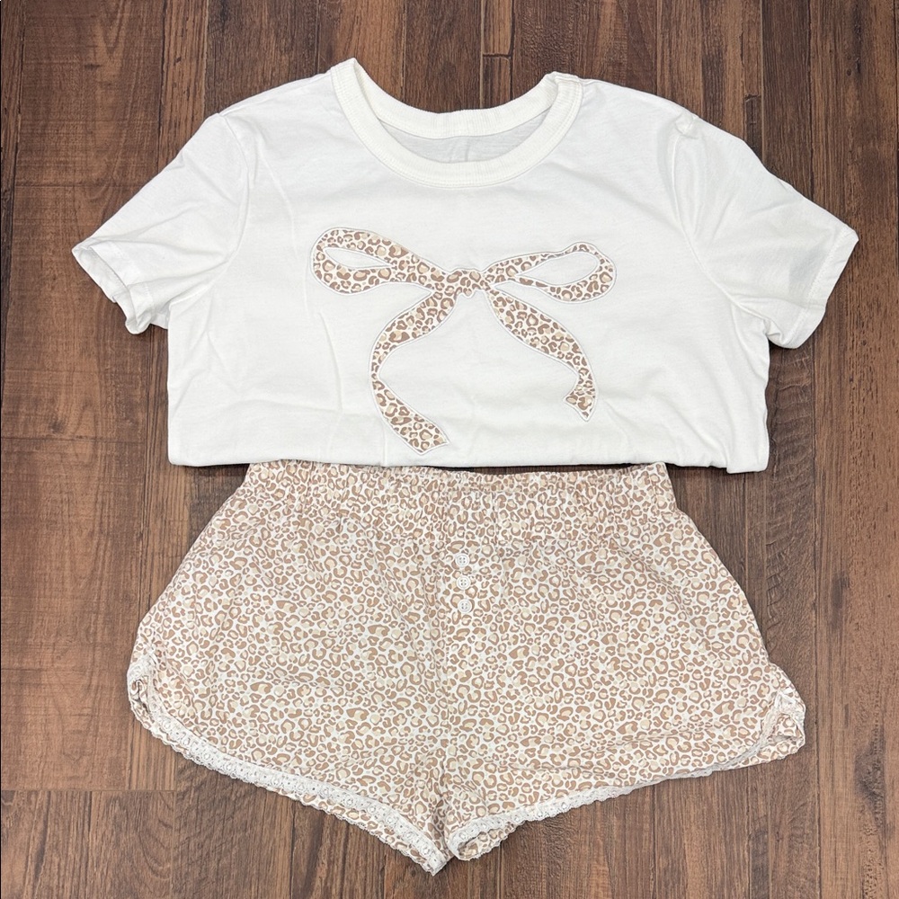 Bow Top and Leopard Print Shorts Pajama Set